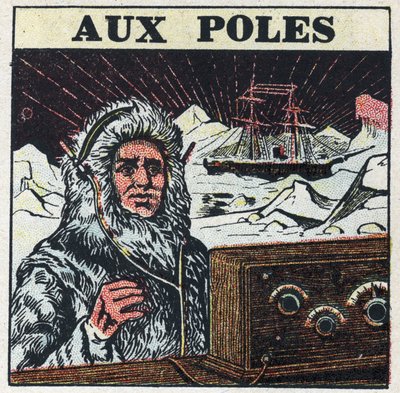 De T.S.F. gebruikt op de polen. Anonieme illustratie uit 1925. Privécollectie. door Anonymous Anonymous