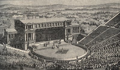 Het Theater van Dionysus, De Akropolis, Athene, Griekenland - Re-enactment van 1890 van het Theater van Dionysus - in Athene, Oud-Griekenland. - gravure 1890 door Anonymous Anonymous