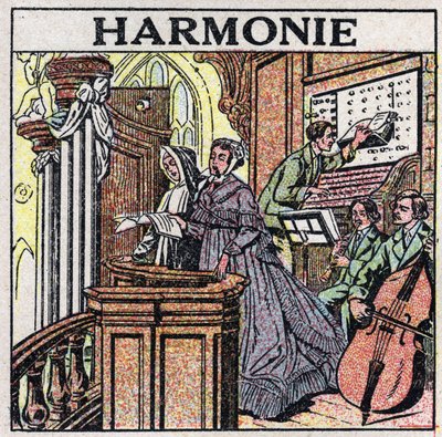 De kunst van geluiden: harmonie. Zangers en muzikanten in een kerk. Anonieme illustratie uit 1925. Privécollectie. door Anonymous Anonymous