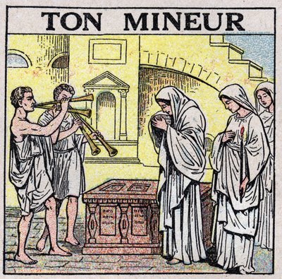 De kunst van geluiden: uw mijnwerker. Dubbele fluitspelers in een straat in de oudheid (tijdens een begrafenis?). Anonieme illustratie uit 1925. Privécollectie. door Anonymous Anonymous