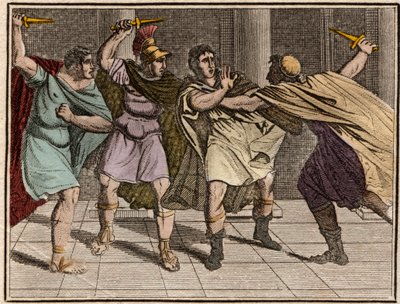 De moord op de Romeinse keizer Julius Caesar (Jules Cesar - Giulio Cesare of Caius Julius Caesar) op 15 maart 44 v.Chr. - Gravure uit 