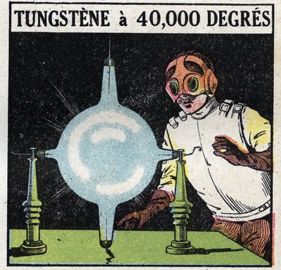 Het atoom en de wetenschap: poging om wolfraam op te lossen door een fijne draad van dit metaal te verdampen tot 40.000 graden. Anonieme illustratie uit 1925. Privécollectie. door Anonymous Anonymous