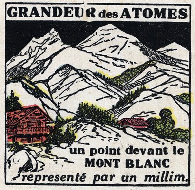 Het atoom en de wetenschap: de grootte van atomen. Een punt voor de Mont Blanc vertegenwoordigd door een millimeter. Anonieme illustratie uit 1925. Privécollectie. door Anonymous Anonymous