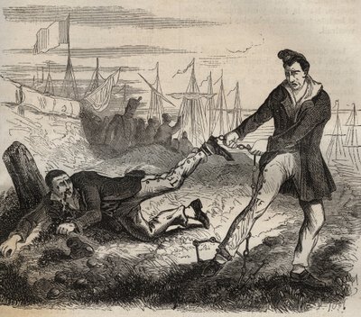 De grootste kwelling van de dwangarbeider is een slechte partner te hebben. Gevecht tussen twee gevangenen verbonden door dezelfde ketting. Strafkolonie van Rochefort in de 19e eeuw. Gravure in 