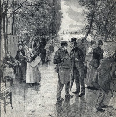 De boek-boek wandeling langs de kades in Parijs. Gravure in Le petit parisien op 30/10/1892 door Anonymous Anonymous