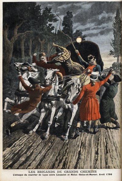 De rovers van de snelwegen: de aanval op de Lyon-post tussen Lieusaint en Melun (Seine-et-Marne) in april 1796. Gravure in Le Petite Journal door Anonymous Anonymous
