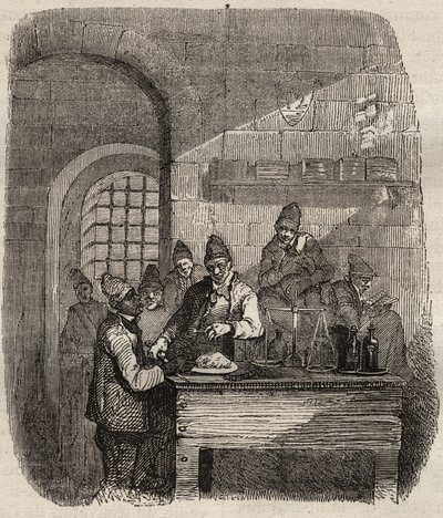 De kantine van de Brest bagne in de 19e eeuw. Gravure in 