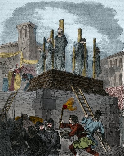 De zaak van de ketters van Orléans: kanunniken werden veroordeeld tot de brandstapel voor ketterij in Orléans in 1022. (eerste brandstapel in de geschiedenis van de strijd tegen ketterij in het Westen onder het bewind van Robert II de Vrome (996-1031). Gra door Anonymous Anonymous