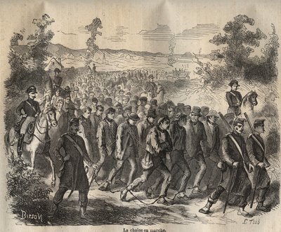 De keten begon in de Toulon Bagne in de 19e eeuw. Gravure in Histoire des bagnes depuis leur création à nos jours (1877) door Pierre Zaccone. Privécollectie. door Anonymous Anonymous