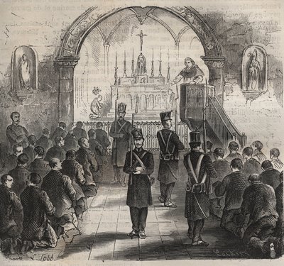 De kapel van de Toulon bagne in de 19e eeuw. Gravure in 