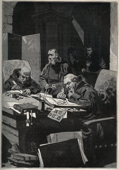 De chrysograaf: kopiërende monniken die verluchtingen in gouden letters uitvoeren in de middeleeuwen. Gravure uit 1885 in Les arts et métiers illustrés door Adolphe Bitard. door Anonymous Anonymous