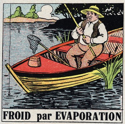 De koude industrie: koeling door verdamping. Een visser in zijn boot blijft koel dankzij de verdamping van het rivierwater. Anonieme illustratie uit 1925. Privécollectie. door Anonymous Anonymous