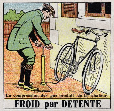De koude industrie: koude voor ontspanning. De ontspanning van de gassen produceert koude terwijl hun compressie warmte produceert zoals bij het oppompen van een fietspomp. Anonieme illustratie uit 1925. Privécollectie. door Anonymous Anonymous
