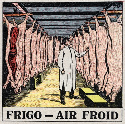 De koude industrie: opslag van vlees in koelkasten. Anonieme illustratie uit 1925. Privécollectie. door Anonymous Anonymous