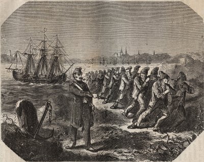 De cordelle (werk van grote vermoeidheid) in de bagne de Rochefort in de 19e eeuw. Gravure in 