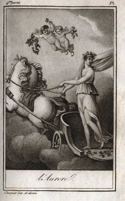 De dageraad (Apollo leidt de wagen van de zon). Allegorie van zonsopgang. Gravure uit 1819 in "Lettres à Emilie sur la mythologie" door Charles Albert Demoustier (1760-1801). Privécollectie. door Anonymous Anonymous