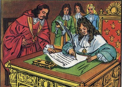 Het edict van Fontainebleau, ondertekend door Lodewijk XIV op 18 oktober 1685, herriep het edict van Nantes verleend door Hendrik IV in 1598. Anonieme illustratie in Collection des souverains et chefs d