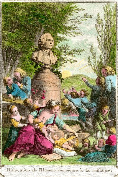 De opvoeding van de mens begint bij zijn geboorte: moeders met hun kinderen, naast een buste ter ere van de Zwitserse filosoof Jean Jacques Rousseau (1712-1778). Gravure uit de 18e eeuw Privécollectie door Anonymous Anonymous
