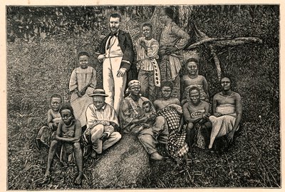 De ontdekkingsreiziger Pierre Savorgnan de Brazza en een groep inheemse mensen uit het Apostolisch Vicariaat van de Twee Guineeën in Gabon. Gravure in 