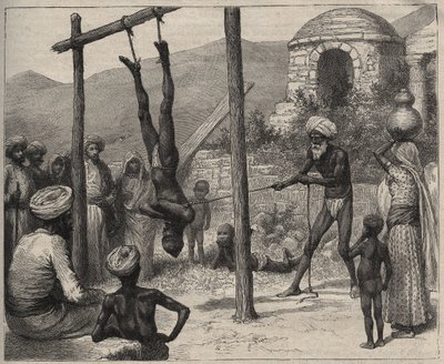 De fakir in India - De fakirs in India - werd opgehangen aan de voeten aan een houten balk - gravure uit 1892 in 