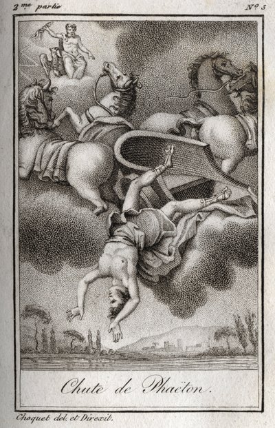 De val van Phaëton, niet in staat om de wagen van Helios te beheersen, werd getroffen door Zeus en viel in de Eridanus-rivier. Gravure uit 1819 in 