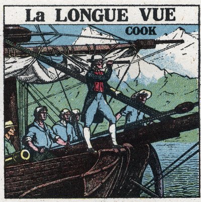 De eerste optische instrumenten: Kapitein James Cook (1728-1779), aan de boeg van zijn boot, observeert de zuidelijke landen met een verrekijker door Anonymous Anonymous