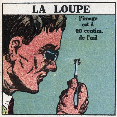 De eerste optische instrumenten: de vergrootglas. Anonieme illustratie uit 1925. Privécollectie. door Anonymous Anonymous