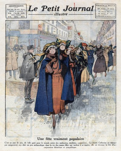 De reis van catherinettes, jonge ongehuwde meisjes met traditionele hoeden, in de straten van Parijs. Illustratie uit 