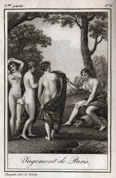 Het oordeel van Paris. De herder Paris moet kiezen aan wie hij de gouden appel zal geven om de mooiste van de drie godinnen, Athena, Aphrodite of Hera, aan te wijzen. Gravure uit 1819 in 
