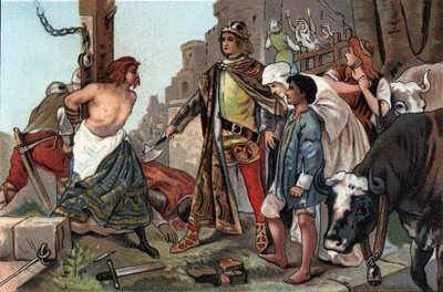 De rechtvaardigheid van Boudewijn VII (1092-1119), graaf van Vlaanderen bijgenaamd de bijl. Reclamechromolithografie van Antoine-chocolade in Brussel, begin 20e eeuw. Privécollectie door Anonymous Anonymous