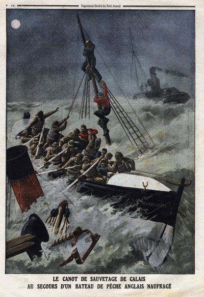 De reddingsboot van Calais om een zinkende Engelse vissersboot te redden. Gravure in Le Petite Journal, op 11/02/1912. Privécollectie. door Anonymous Anonymous