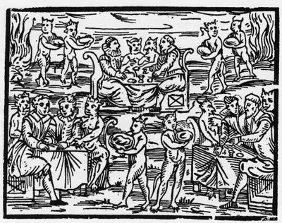 De maaltijd van de heksen op de sabbat - "Compendium Maleficarum", behandelt heksen, hun kwaad en hun toverkunsten door Francesco Maria Guazzo of Guaccio of Guaccius (15?? -16??) 1608 Privécollectie. door Anonymous Anonymous