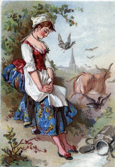 De melk en de melkpot. Fabel door Jean de La Fontaine (Lafontaine) (1621-95). Chromolithografie van de 19e eeuw. Privécollectie. door Anonymous Anonymous