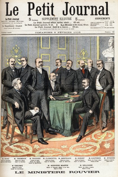 Het ministerie van Rouvier: Onder van links naar rechts: Joseph Ruau, Minister van Landbouw, Gaston Thomson, Minister van Marine, Maurice Rouvier, President van de Raad en Minister van Financiën, Etienne Clementel door Anonymous Anonymous