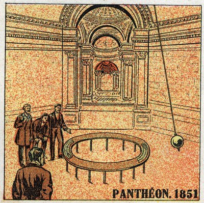 Het slingerexperiment: ervaring van Leon Foucault (1819-1868) in het Pantheon in 1851 en demonstratie van de rotatie van de aarde. Anonieme illustratie uit 1925. Privécollectie. door Anonymous Anonymous
