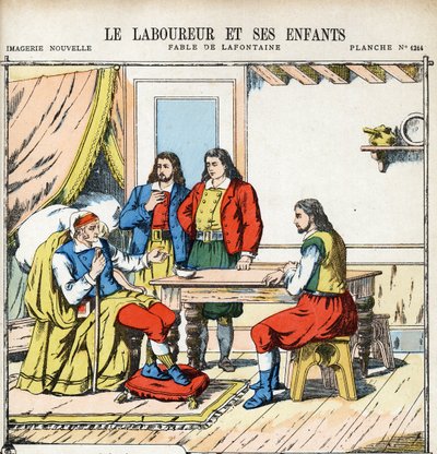 De ploeger en zijn kinderen. Anonieme illustratie voor Les Fables door Jean de La Fontaine (1621-1695). Beeldvorming van Pont-a-Mousson, circa 1880. Privécollectie. door Anonymous Anonymous