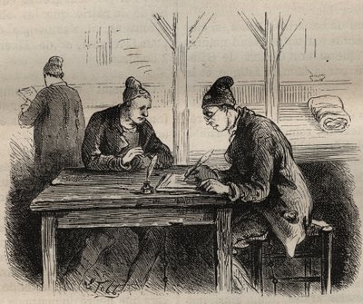 De publieke schrijver bij de Toulon Bagne in de 19e eeuw. Gravure in 