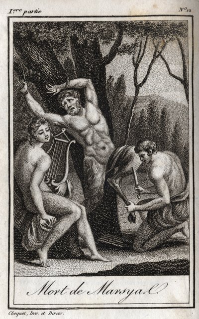 De straf of dood van Marsyas (De Straf van Marsyas) wordt gestraft voor het uitdagen van Apollo met de lier en wordt door de Boogschutter gevild in aanwezigheid van Koning Midas en de Muzen. Gravure uit 1819 in 