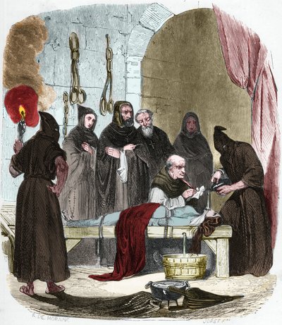 De kwestie van water: Pedro (Pierre) de Arbues (1441/1442 - 1485) ondervraagt onder marteling een jonge vrouw die naar verluidt haar zus zou hebben aangezet tot het lutheranisme. Vastgebonden met touwen, wordt water in een doek gegoten dat in de keel wordt door Anonymous Anonymous