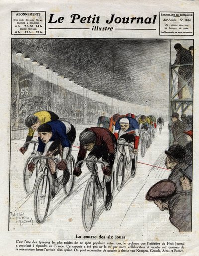 De zesdaagse race: Piet van Kempen (1898-1985), Alfred Grenda, Seres en Maurice Brocco (1883-1965) tijdens de sprint. Gravure in Le Petit Journal illustre, op 16/04/1922 door Anonymous Anonymous