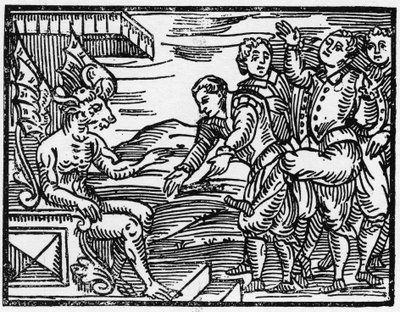 De tovenaars brengen hulde aan de duivel - "Compendium Maleficarum", behandelt heksen, hun kwaad en hun toverkunsten door Francesco Maria Guazzo of Guaccio of Guaccius (15??? -16??) 1608 Privécollectie. door Anonymous Anonymous