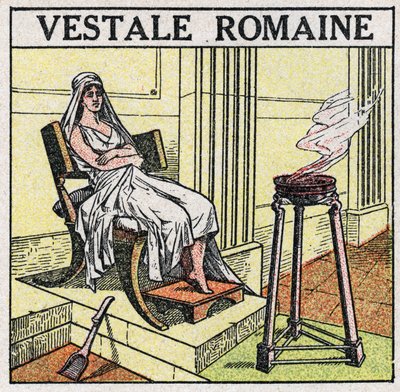 De lichtbronnen: een vestalin in het Romeinse Rijk om een heilig vuur te onderhouden dat nooit mag doven. Anonieme illustratie uit 1925. Privécollectie. door Anonymous Anonymous