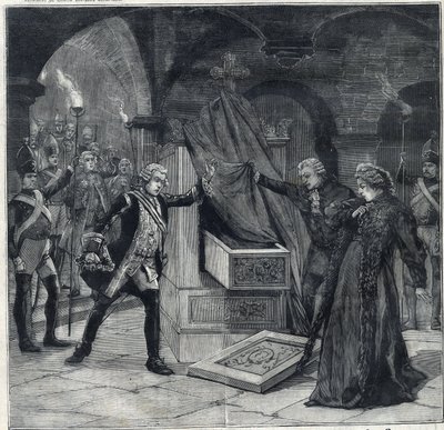 De kelderfase in het stuk "Catherine van Rusland" in het theater van Cathelet Paul Ginisty en Charles Samson. Gravure in "Le Petit Parisien" door Anonymous Anonymous