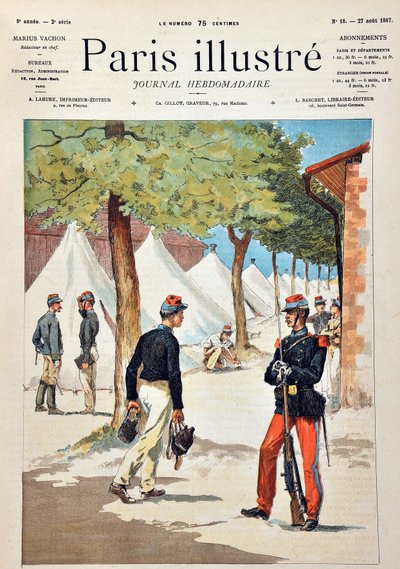 De studenten van de school van Saint-Cyr in het kamp van Chalons. Gravure uit 1887 in 