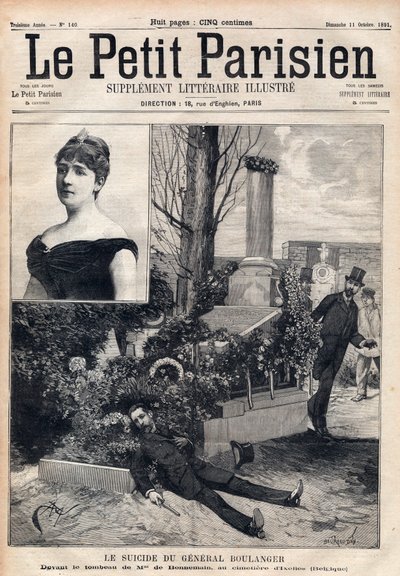 De zelfmoord van generaal Georges Boulanger op de begraafplaats van Ixelles in België voor het graf van Madame Bonnemains. Gravure in 