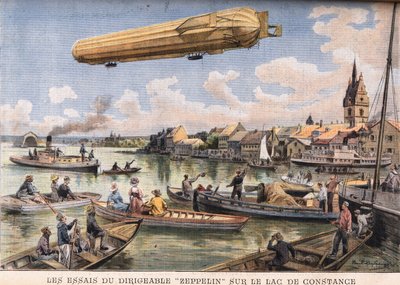De tests van het Zeppelin-luchtschip op het Bodenmeer in Duitsland. Gravure uit de krant "Le Peute Parisien", op 2/08/1908. Privécollectie. door Anonymous Anonymous