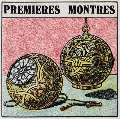 Tijd: eerste horloges van de 15e eeuw. Anonieme illustratie uit 1925. Privécollectie. door Anonymous Anonymous