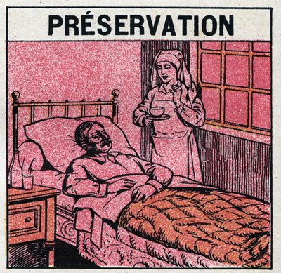 Ultraviolette stralen: om littekens veroorzaakt door pokken te vermijden, moeten patiënten worden behandeld in kamers of alleen rood licht betreden, vrij van ultraviolette stralen. Anonieme illustratie uit 1925. Privécollectie. door Anonymous Anonymous