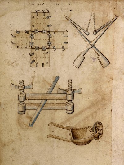 Verschillende technische objecten, waaronder een kruiwagen - Manuscript: perkamentblad van een ingenieurshandboek voor de bouw van civiele, religieuze en militaire gebouwen, anoniem, eind 15e eeuw (figuur in Chinese inkt) door Anonymous Anonymous
