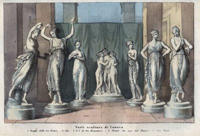 Diverse sculpturen van Canova - De Drie Gratiën - Hebe - De Drie Gratiën Dansend - Venus Italica - Muze - gravure uit 